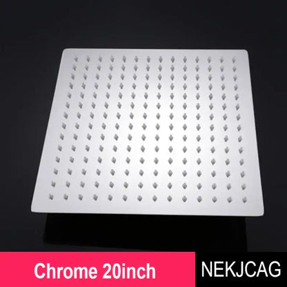 Modern chrome square rainfall shower head with 20-inch chrome finish and diamond shaped nozzles for a rainfall shower