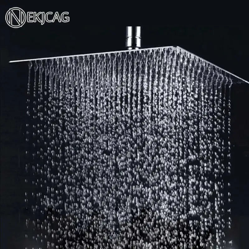 Modern chrome square rainfall shower head with sleek finish and multiple water jets for an enhanced rainfall shower experience