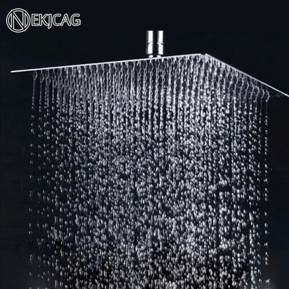 Modern chrome square rainfall shower head with sleek finish and multiple water jets for an enhanced rainfall shower experience