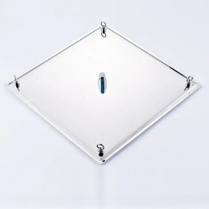 Modern chrome square rainfall shower head with shiny silver metal plate and central cylindrical attachment