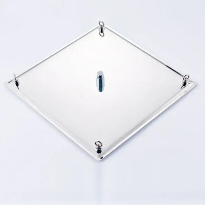 Modern chrome square rainfall shower head with shiny silver metal plate and central cylindrical attachment
