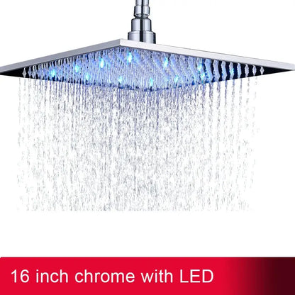 A sleek 16-inch chrome rainfall shower head with integrated blue led lights for modern bathroom use