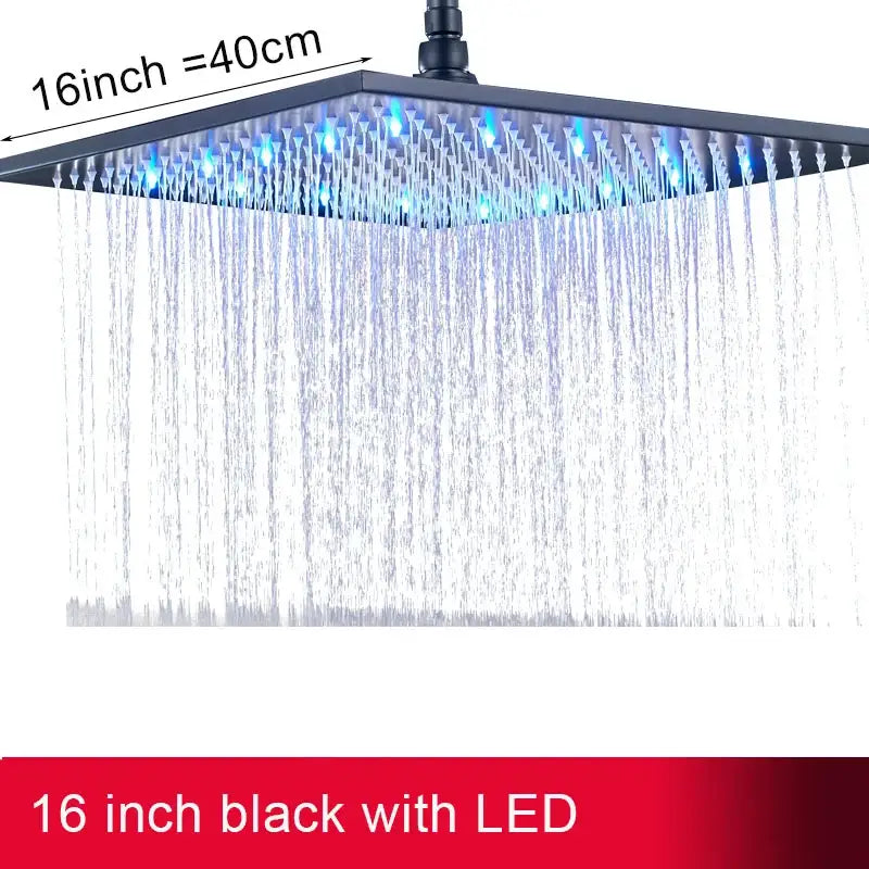 Black 16-inch square rainfall showerhead with blue led lights for modern chrome bathroom faucet installation