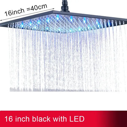 Black 16-inch square rainfall showerhead with blue led lights for modern chrome bathroom faucet installation
