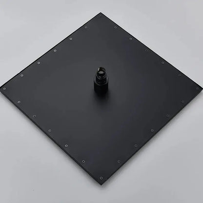 Black square modern chrome rainfall shower head with central threaded nozzle and led light installation screws at corners