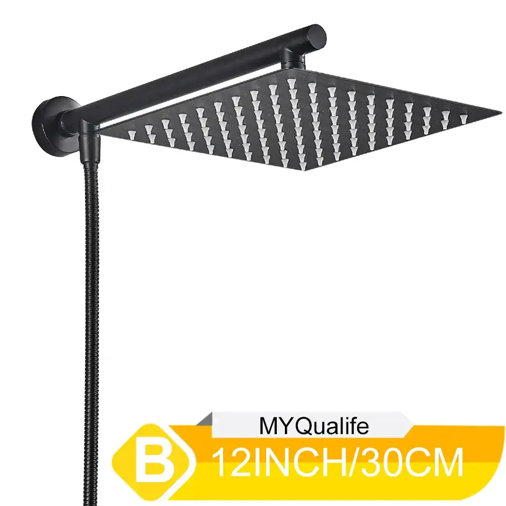 Black matte-finish 12-inch square shower head with multiple nozzles in a modern chrome adjustable height shower head set