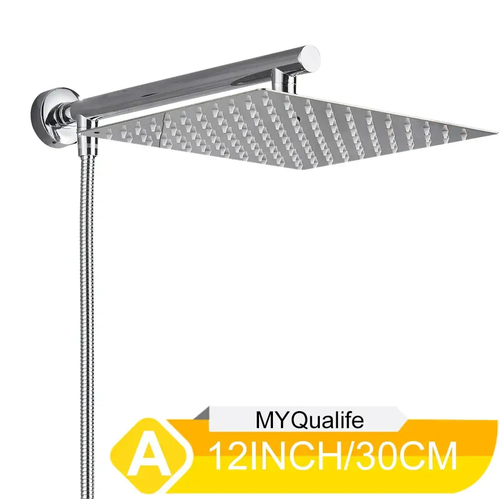 Modern chrome square rainfall shower head set with adjustable height and textured surface for enhanced water flow