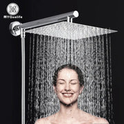 Modern chrome square rainfall shower head set with rectangular chrome finish and adjustable height for bathroom use