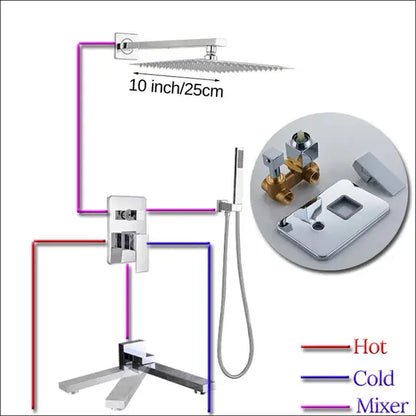 Modern chrome square shower faucet set with 10 inch chrome rainfall showerhead and matching wall-mounted control valve assembly