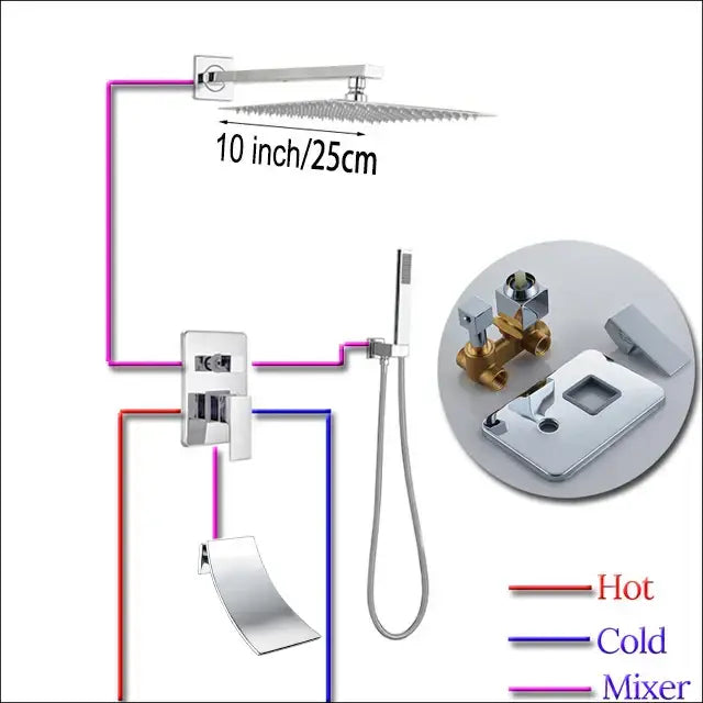 Modern chrome square shower faucet set with 10-inch rainfall showerhead, integrated hose, and handheld sprayer