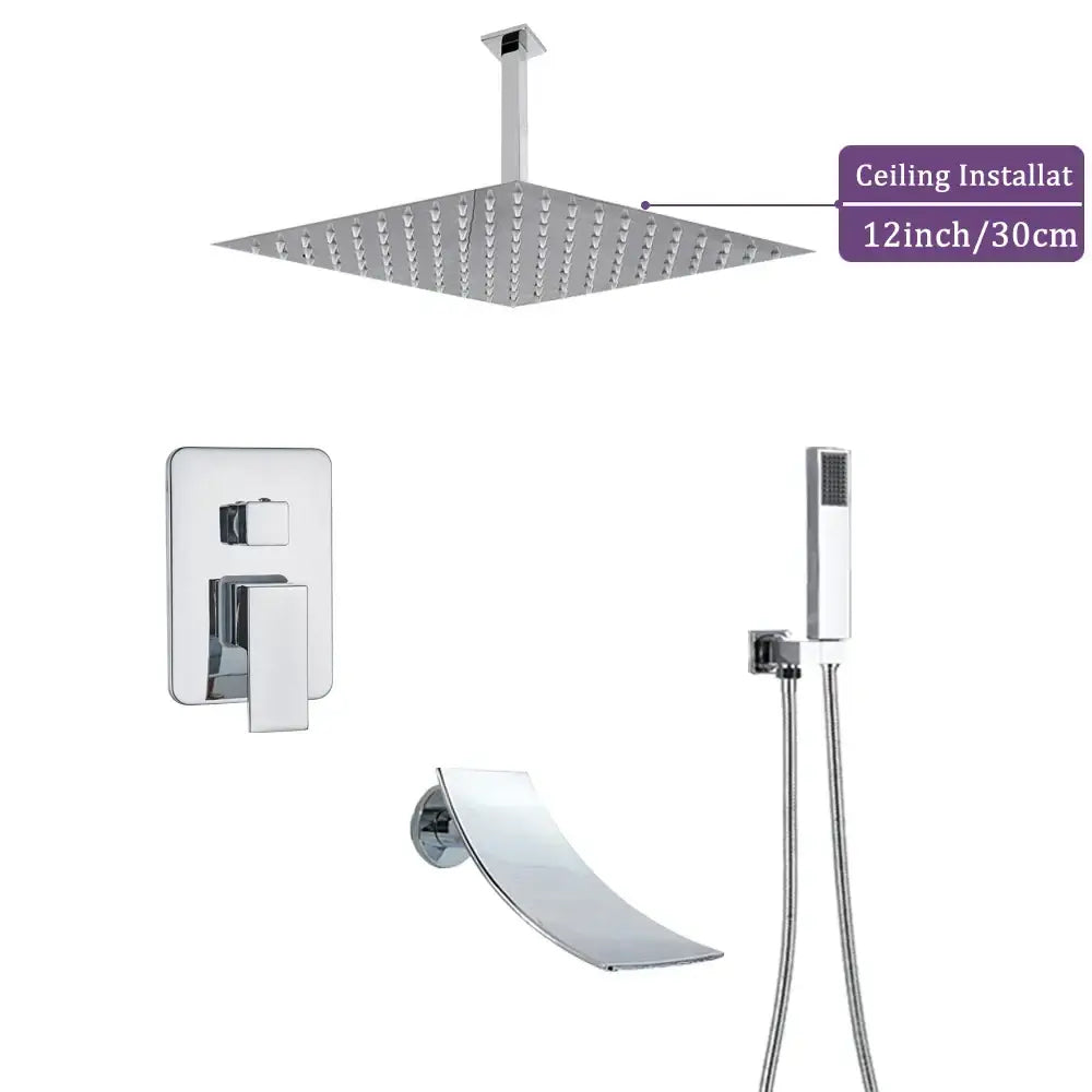 Modern chrome square shower faucet set with 12-inch chrome-finished ceiling-mounted rain shower head