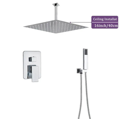 Modern chrome square 16-inch rain shower faucet set with hand-held spray nozzle and wall-mounted control valve