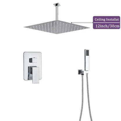 Modern chrome square shower faucet set with 12-inch rain showerhead, integrated control panel, and handheld attachment