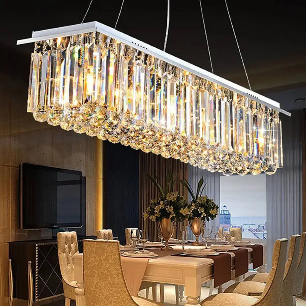Rectangular crystal chandelier with sleek white stainless steel frame and cascading clear glass prisms ideal for restaurants