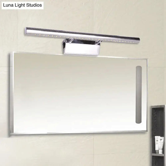 Modern chrome stainless steel bathroom wall sconce with rectangular mirror and integrated warm white led light fixture