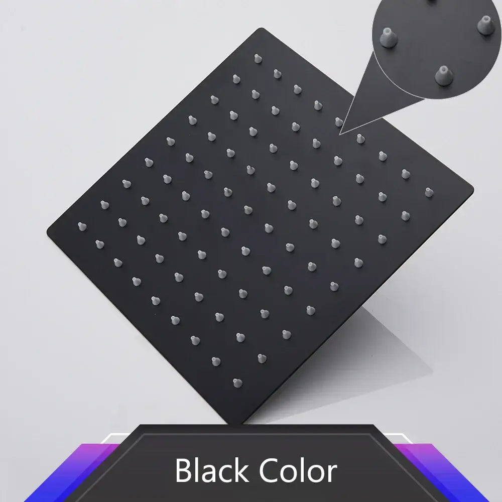 Modern black matte stainless steel rainfall shower head with square design and metallic heart shaped nozzles