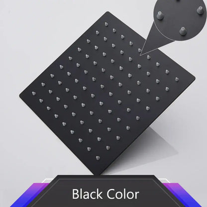 Modern black matte stainless steel rainfall shower head with square design and metallic heart shaped nozzles
