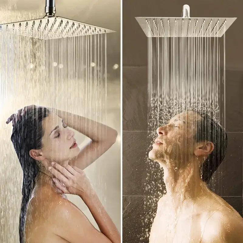 Modern chrome stainless steel rainfall shower head with square shape and evenly spaced nozzles for bathroom use