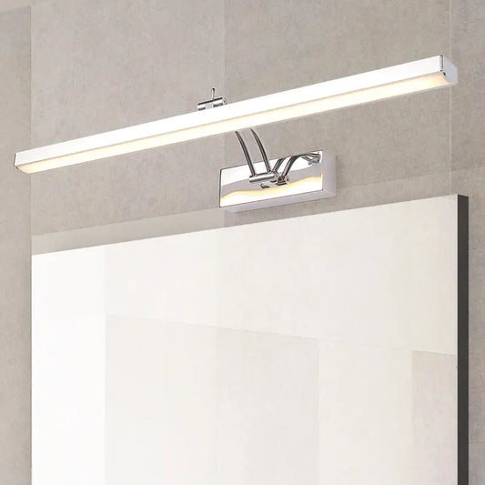 Modern chrome stainless steel stick vanity light fixture with rectangular led mirror light and adjustable arm for bathroom