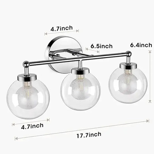 Modern chrome three light iron wall lamps with clear glass globe shades for bathroom vanity lighting