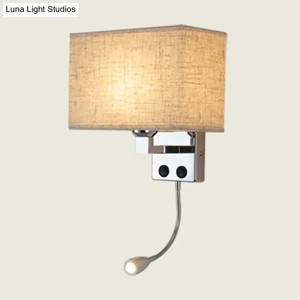 Modern chrome wall lamp with rectangular beige fabric lampshade and adjustable gooseneck reading light for bedroom