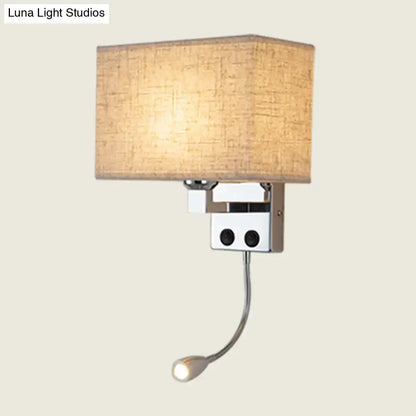 Modern chrome wall lamp with rectangular beige fabric lampshade and adjustable gooseneck reading light for bedroom