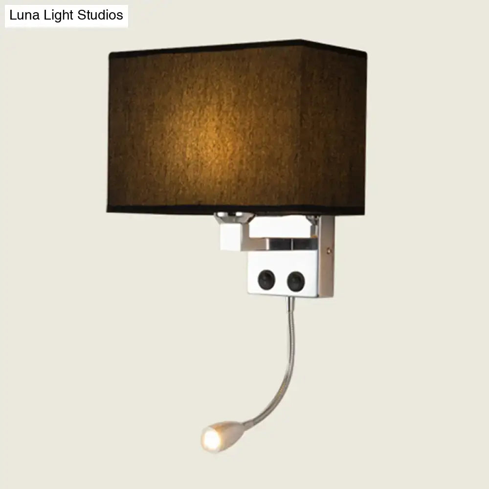 Modern chrome wall lamp with a brown fabric shade and flexible gooseneck reading light for bedroom use