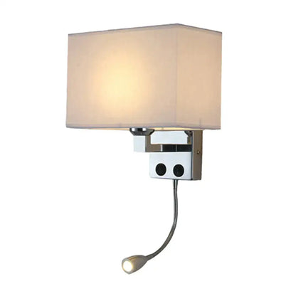 Modern chrome wall lamp with square off-white fabric shade and adjustable gooseneck reading light for bedroom use