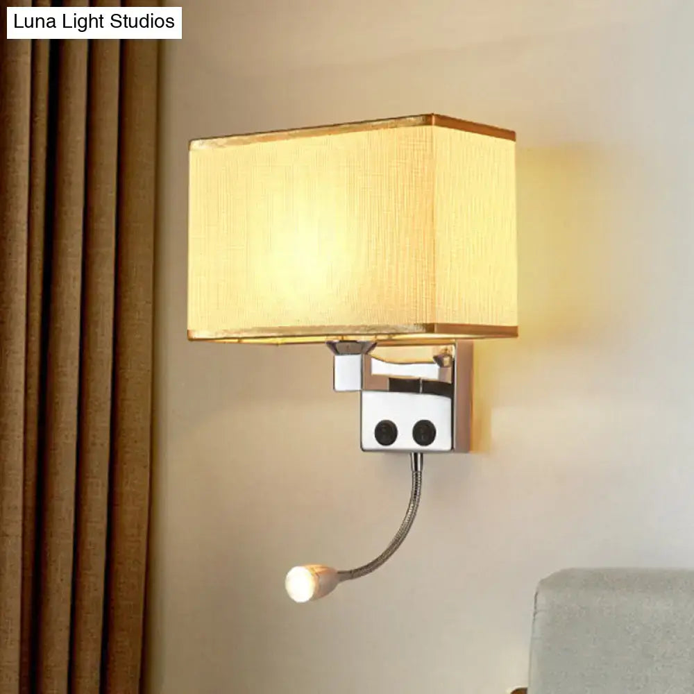 Modern chrome wall lamp with rectangular beige fabric lampshade and adjustable gooseneck reading light for bedroom use