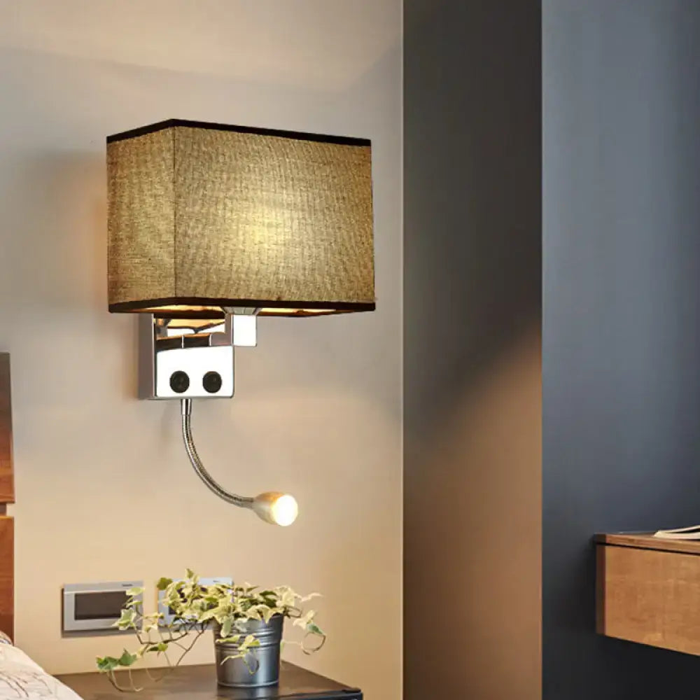 Modern chrome wall lamp with textured beige fabric shade and adjustable gooseneck reading light for bedroom use