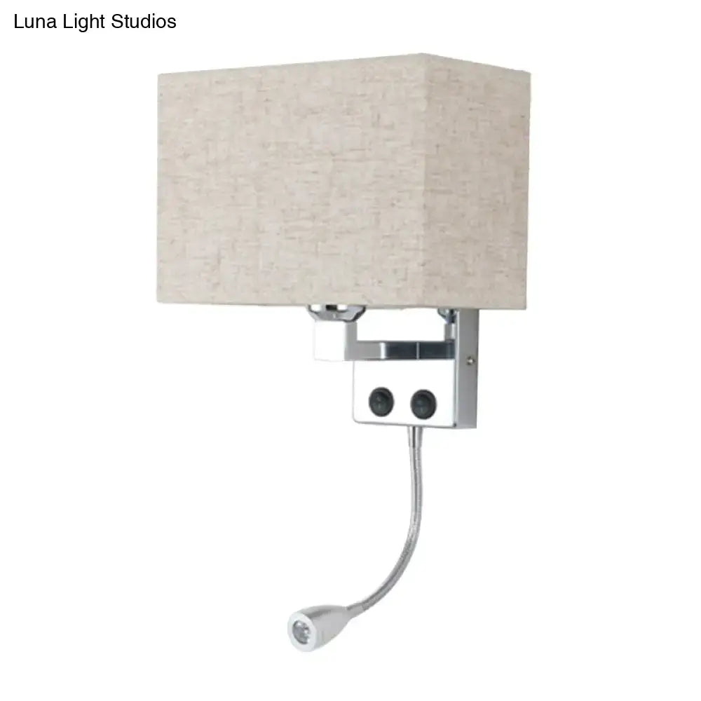 Beige rectangular fabric lampshade wall lamp with chrome finish and adjustable gooseneck reading light for bedroom use