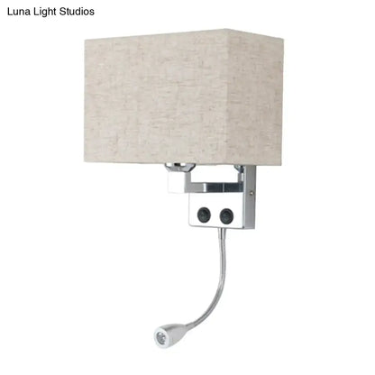 Beige rectangular fabric lampshade wall lamp with chrome finish and adjustable gooseneck reading light for bedroom use