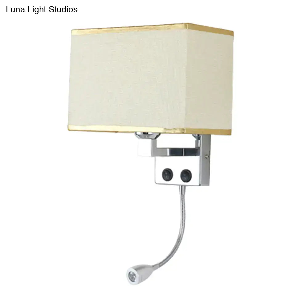 Modern chrome wall lamp with cream rectangular lampshade gold trim and adjustable gooseneck reading light for bedroom