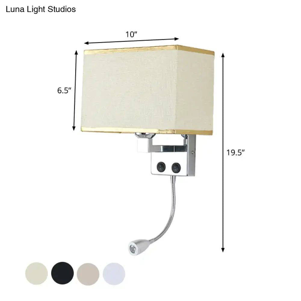 Cream-colored rectangular wall lamp with gold-trimmed shade and chrome gooseneck reading light for bedroom use