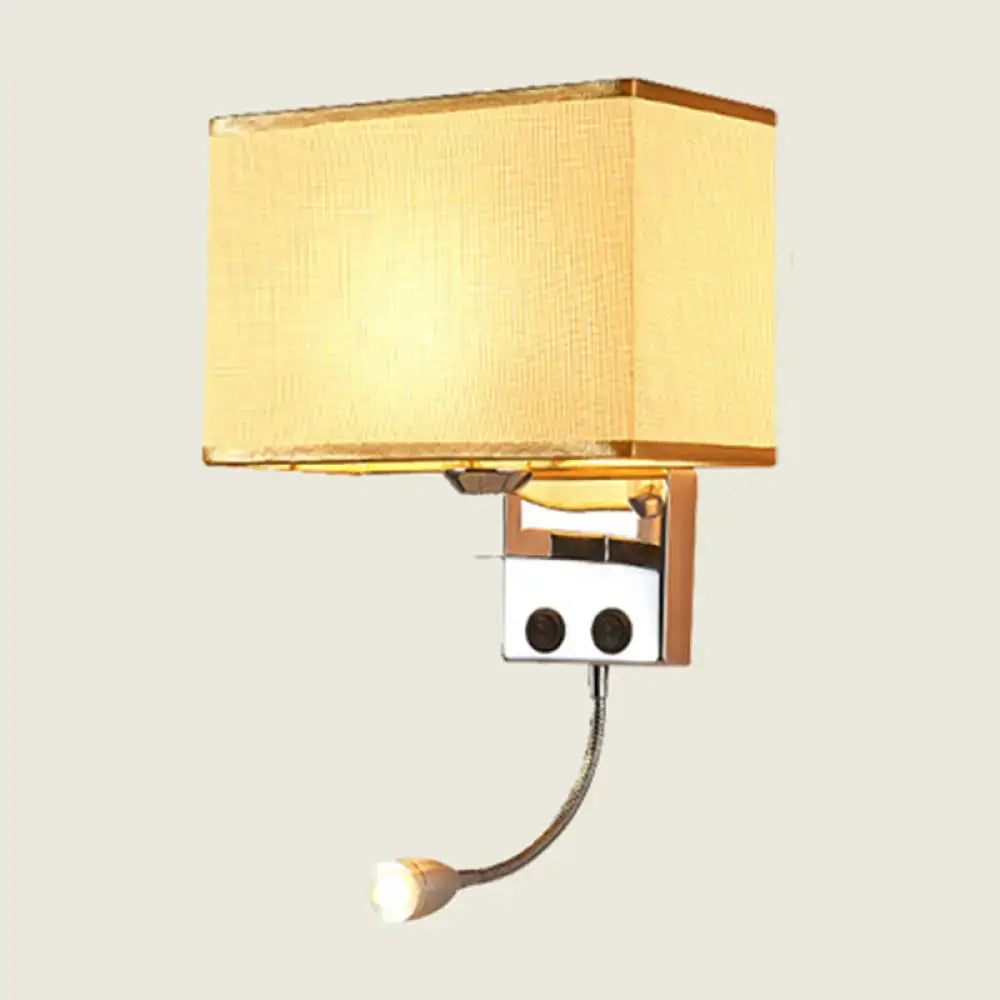 Gold-finished rectangular wall lamp with beige fabric shade and adjustable chrome gooseneck reading light for bedroom