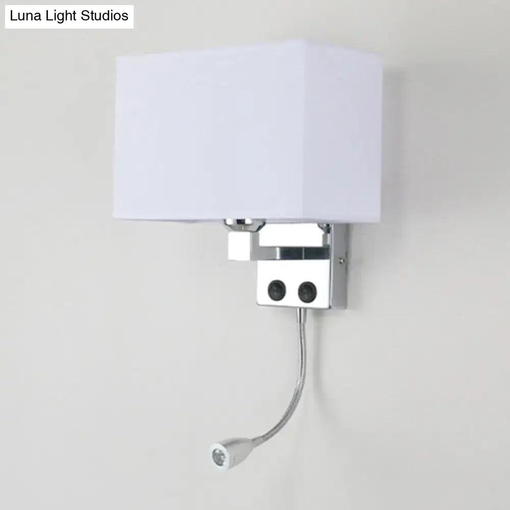 Modern chrome wall lamp with white fabric rectangular shade and adjustable gooseneck reading light for bedroom use