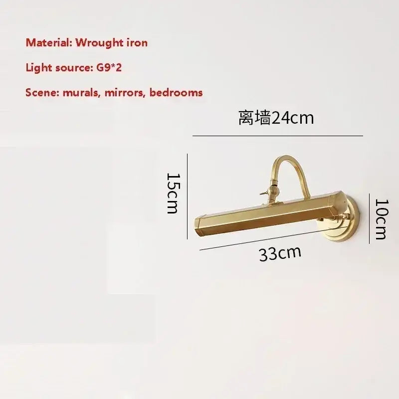 Gold-colored wrought iron wall light with curved arm and rectangular housing decorbites gold mirror headlight for bedroom