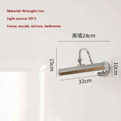 Modern chrome wall light with wrought iron rectangular design and two g9 lights for decorbites gold mirror headlight