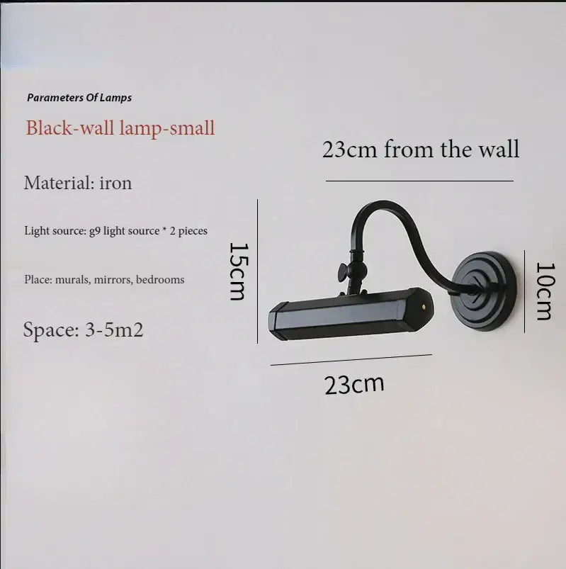 Black iron wall light with curved arm and rectangular head for decorbites gold mirror headlight bedroom reading lamp
