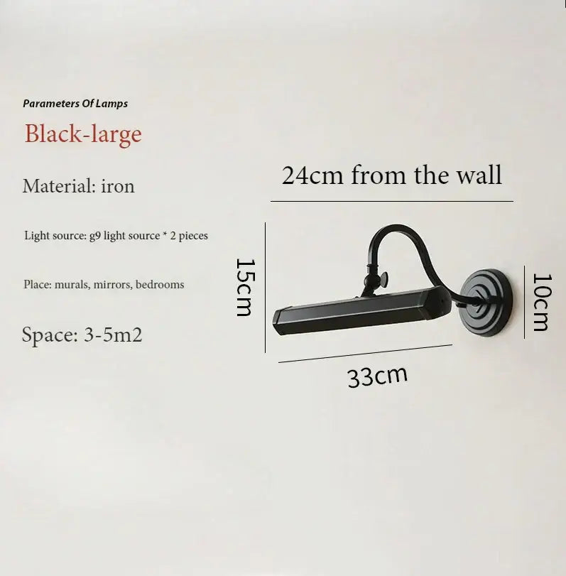 Black iron wall light with sleek rectangular light bar and curved arm for decorbites gold mirror headlight use
