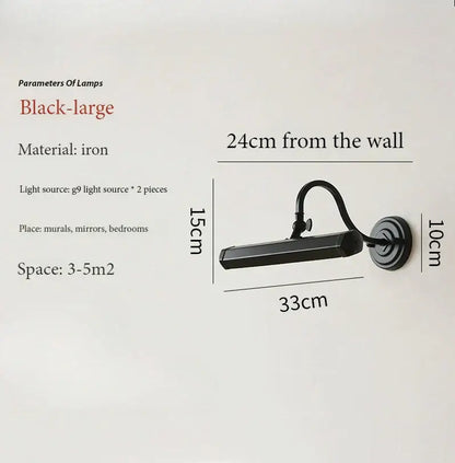 Black iron wall light with sleek rectangular light bar and curved arm for decorbites gold mirror headlight use