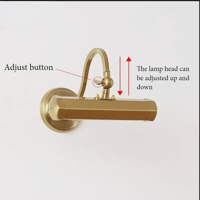 Brass-finished adjustable wall light with curved arm and hexagonal light bar for decorbites gold mirror headlight use