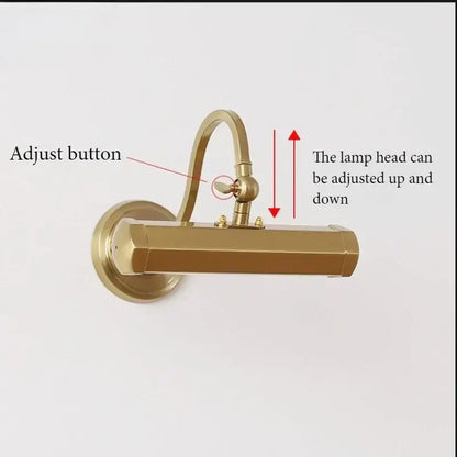 Brass-finished adjustable wall light with curved arm and hexagonal light bar for decorbites gold mirror headlight use