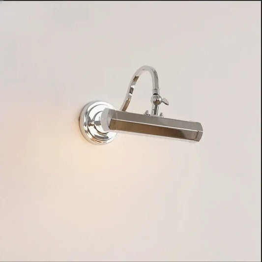 Modern chrome wall light with adjustable curved arm and sleek rectangular light bar for decorbites gold mirror headlight use