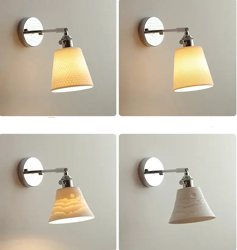 Modern chrome wall light with white ceramic led wall sconce and textured bell-shaped shade for bedroom decorbites ceramic led