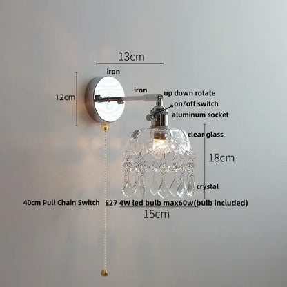 Modern chrome wall light with polished iron arm clear glass shade and faceted crystal droplets for elegant decorbites ceramic led wall decor