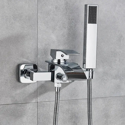 Modern chrome waterfall bathtub shower faucet with a sleek rectangular handheld showerhead and chrome finish