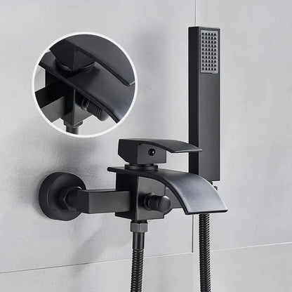 Modern black matte bathtub shower faucet with sleek angular design and matching handheld showerhead for bathtub shower use