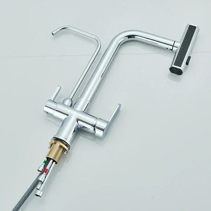 Modern chrome waterfall kitchen faucet with pull-down spray head and dual handles for hot and cold water control