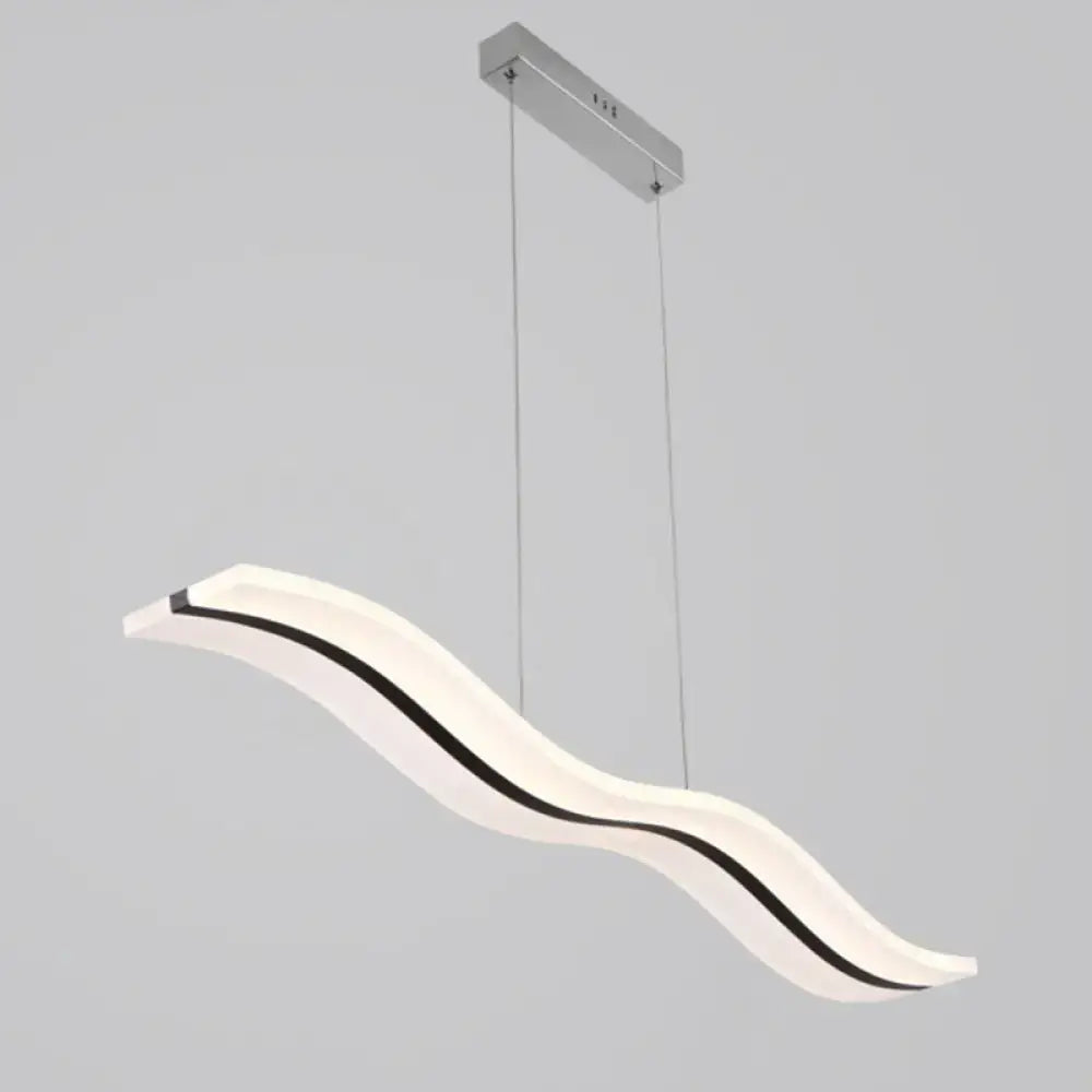 Modern chrome wave led island lighting fixture with white wavy pendant light and black accent strip in modern style